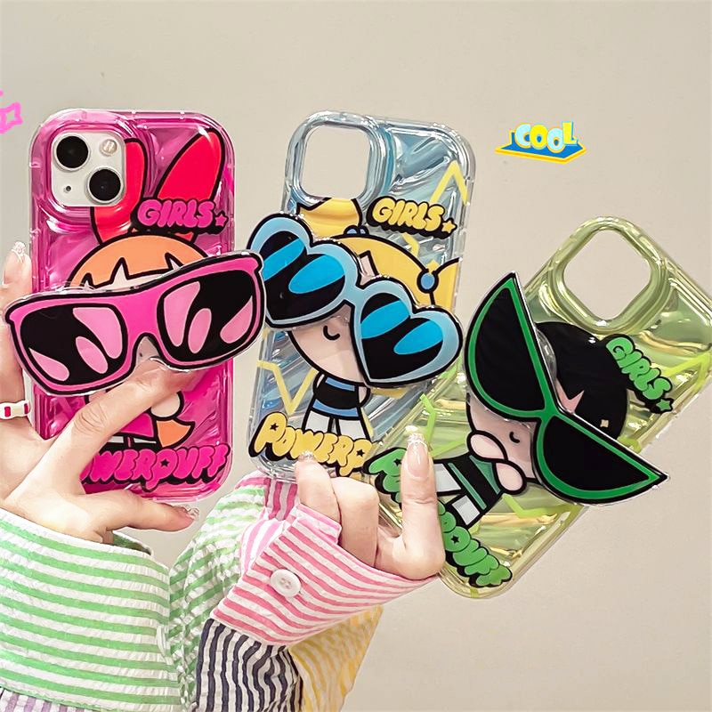 Adorable Powerpuff Girls Clear Silicone Case with Glasses Holder for iPhone